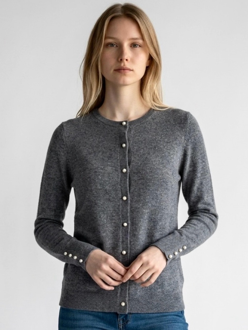Zara Gray Pearl Button Cardigan Sweater Crewneck Embellished Cuffs Small
